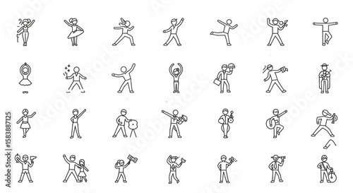 A collection of line art illustrations depicting various stick figures in different poses