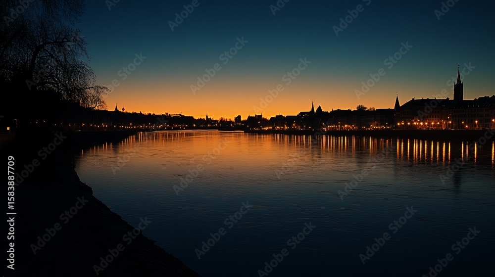 Fototapeta premium City skyline reflected on tranquil river at dusk