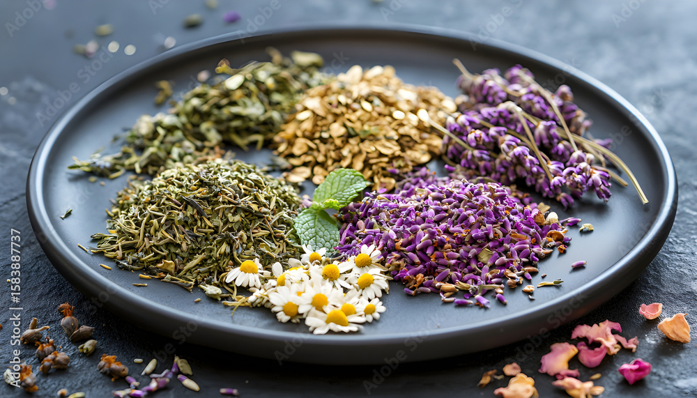 Medicinal dried herb displayed on a black plate Medicinal dried herb displayed on a black plate
