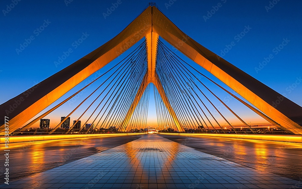 Obraz premium Striking cable-stayed bridge at dusk with golden light and city skyline