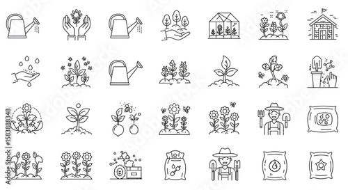 Collection of gardening and agriculture line icons depicting various gardening activities
