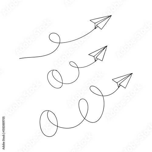 Whimsical Paper Airplane Trail Illustration: A Playful Journey of Flight and Imagination, Perfect for Children's Designs, Travel Themes, and Creative Projects with Movement