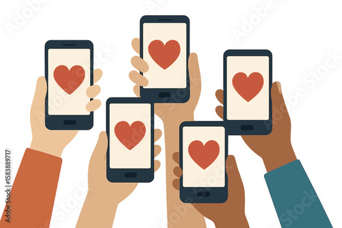 Mobile applications concept, social media applications, and multi skin color hands raising smartphone