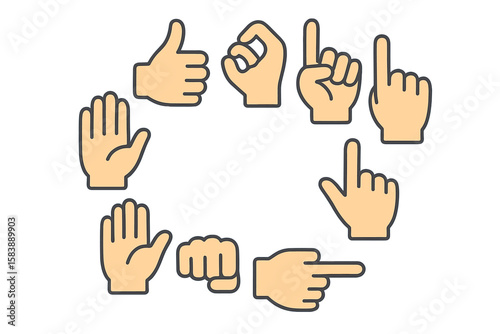 A minimal thin line web icon set featuring hands gestures, presented as a collection of outline icons in a simple vector illustration style