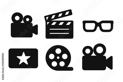 A set vector illustration of cinema icons, including film, movie, tv, video, and other related icons
