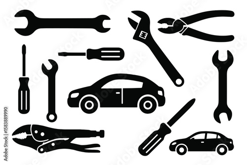 Vector icons for repair line including Screwdriver, Wrench, Hammer for Auto service