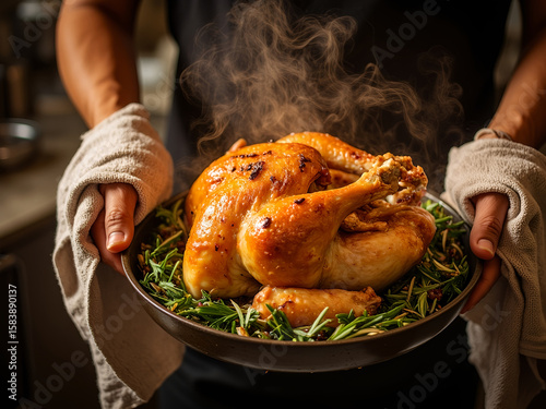 Roasted turkey being lifted from oven on a tray with garnish thanksgiving day  