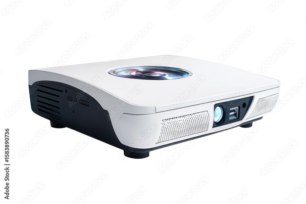 Fototapeta premium White projector with blue light and usb port isolated on a transparent background technology electronic