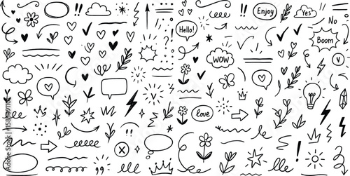 Playful Hand Drawn Doodle Collection Whimsical Sketch Elements for Creative Projects and Designs Fun Vector Illustration Ideal for Various Applications