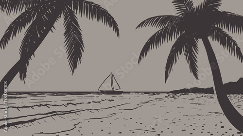 Vector print silhouette of ocean and palm trees on the beach, yacht