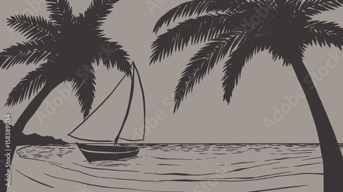 Vector print silhouette of ocean and palm trees on the beach, yacht