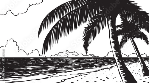 Vector print silhouette of ocean and palm trees on the beach