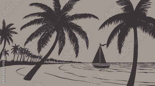 Vector print silhouette of ocean and palm trees on the beach, yacht