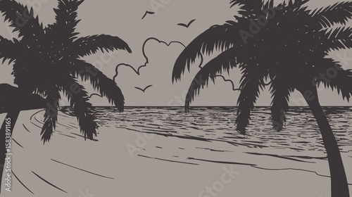 Vector print silhouette of ocean and palm trees on the beach, 