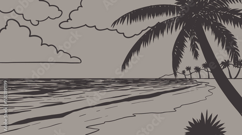 Vector print silhouette of ocean and palm trees on the beach