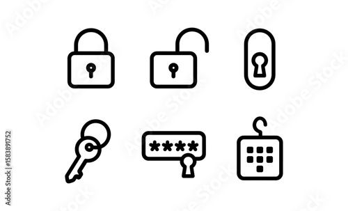 Minimalist security icons: padlocks, keys, passwords