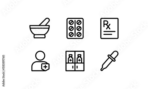Pharmacy and medicine icons set in minimalist linear design