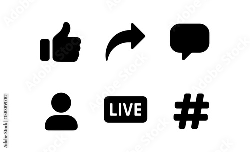 Social media icons set with thumbs up, share arrow, and comment bubble in black silhouette style
