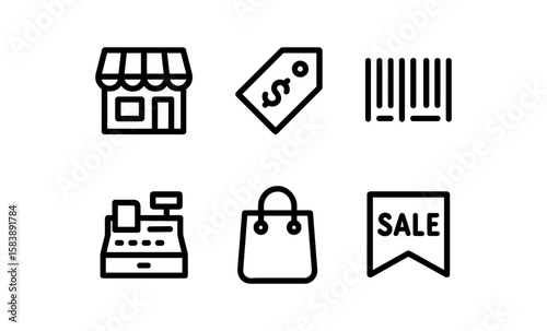 Minimalist shopping icons: storefront, price tag, barcode, register, bag, and sale banner