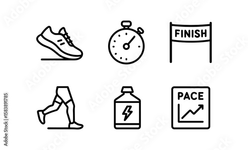 Minimalist icons of running gear and race elements