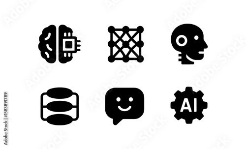 Artificial intelligence icons: neural networks, ai brain, robot head, chatbot, cogwheel symbol
