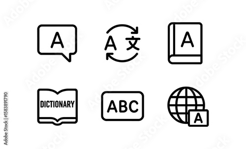 Linear language icons set featuring dictionary and translation symbols
