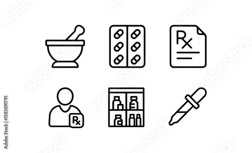 Pharmacy and medication icons: prescription, medicine, and healthcare symbols