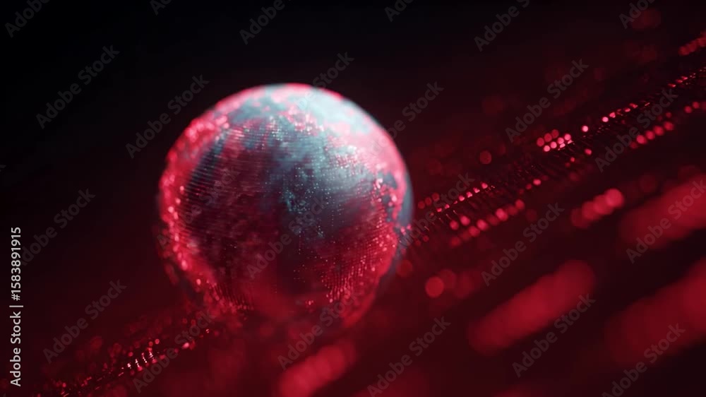 A vibrant digital globe surrounded by abstract red data streams symbolizes innovative technology, digital transformation, and global connectivity includes terms like cyber landscape and data flux