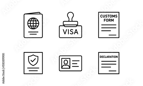 Travel essentials: passport, visa, customs and declaration icons in linear style