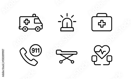 Minimalist emergency icons set with ambulance and medical symbols