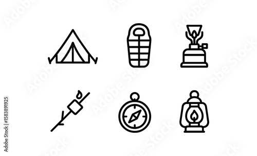 Camping icons set: tent, sleeping bag, campfire, lantern, compass, stove in linear style