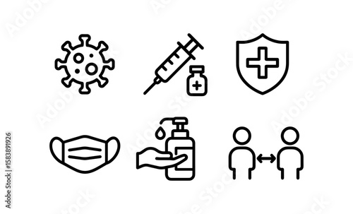 Essential health and safety icons: mask, vaccine, sanitizer, social distancing, healthcare symbols