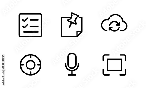 Minimalist black icons: checklist, notes, cloud sync, lifebuoy, microphone, focus