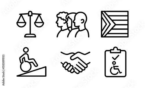 Inclusive icon set featuring justice, diversity, accessibility, and equality symbols