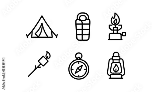 Camping gear icons: tent, sleeping bag, stove, torch, compass, lantern in linear style