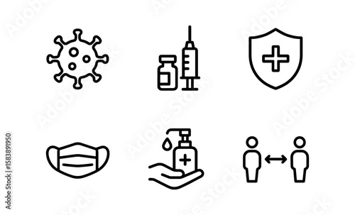 Simple health icons: vaccine, mask, social distance and safety symbols
