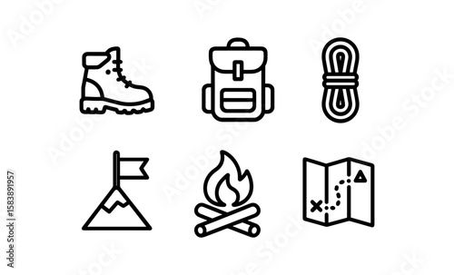 Camping essentials icons: boots, backpack, rope, fire, map, mountain flag
