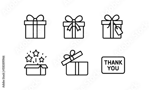 Minimalistic gift box icons with bows and thank you element