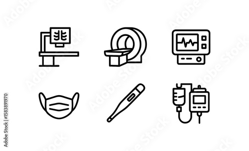 Medical equipment icons set featuring outline designs for healthcare and diagnostics