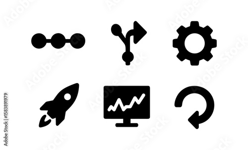 Set of simple black icons: arrow, gear, rocket, graph, route, reload
