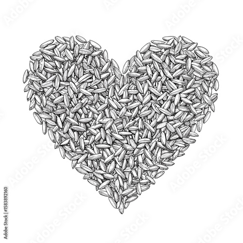 heart made of of rice  - Vintage ink sketch pile of rice shaped like heart top view  hand drawn black and white illustration doodle vector, engraving svg