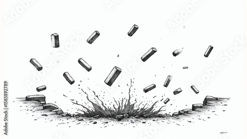 Bricks suspended in mid-air, creating a dynamic and chaotic composition. Black and White Illustration of bricks in air. 