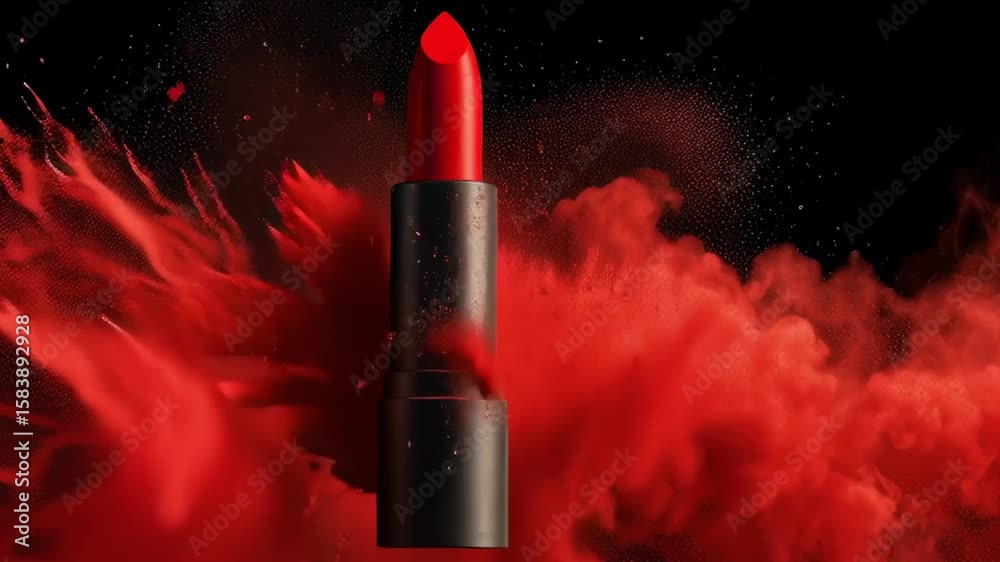 A red lipstick is shown in a red cloud of powder. The lipstick is the main focus of the image, and the red powder surrounding it creates a dramatic and eye-catching effect