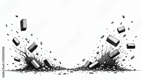 Bricks suspended in mid-air, creating a dynamic and chaotic composition. Black and White Illustration of bricks in air. 