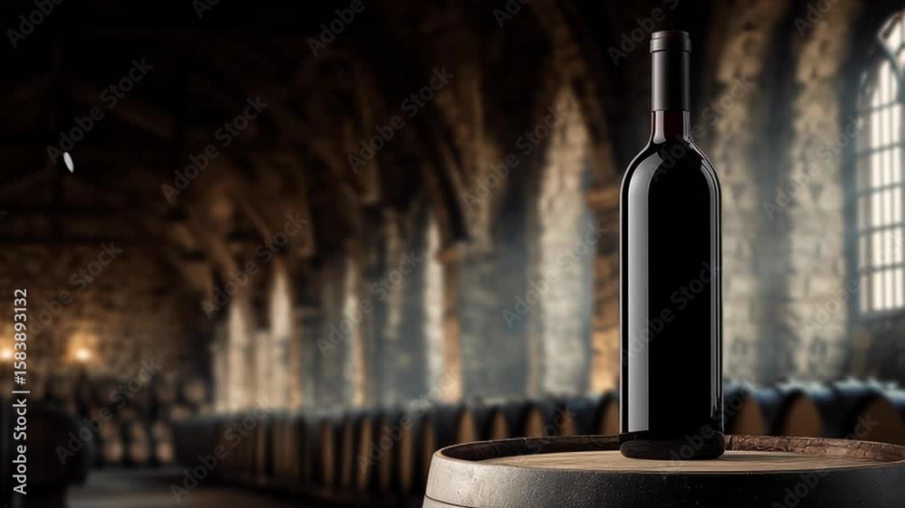 A bottle of red wine is sitting on a barrel in a dimly lit room. The bottle is the only object visible in the scene, and it is the focal point of the image. The atmosphere of the room is mysterious