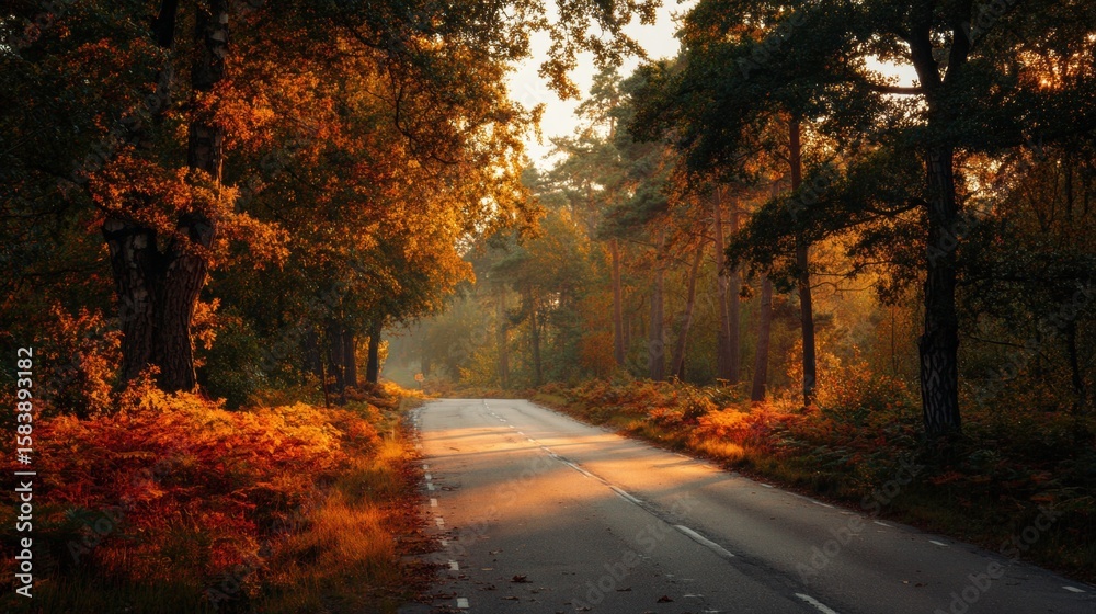 Fototapeta premium Autumn road lined with colorful trees in a serene landscape during golden hour