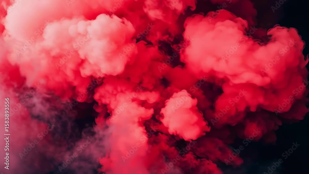 A red cloud of smoke is billowing out of a fire. The smoke is thick and dense, creating a sense of danger and chaos. The red color of the smoke is striking and intense