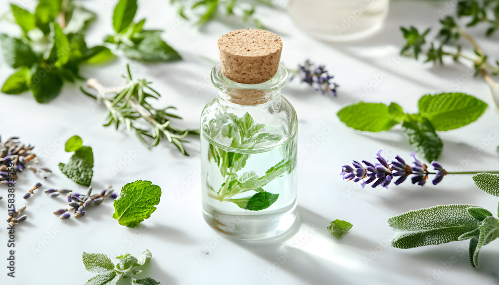 bottle of herbal essential oil on a white backdrop bottle of herbal essential oil on a white backdrop
