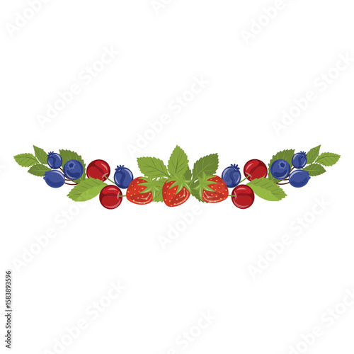 Horizontal Juneberry, Cherry and Strawberry Border, Saskatoon Berry Floral Border Vector, leaves