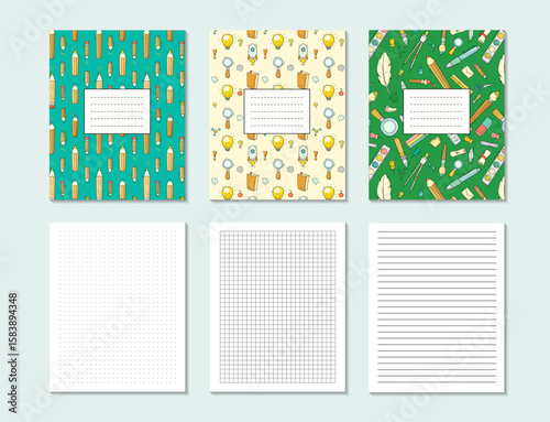 School notebook covers set and page templates. Education concept poster with stationery pattern, office supplies and blank paper sheets with lines, dots, squares, vector illustration